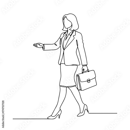 Line drawing of businesswoman walking with briefcase, continuous line art. Single line illustration of businesswoman with short bob and skirt suit, going to work.