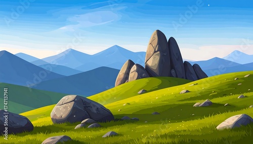 Serene Mountain Landscape with Green Hills and Rock Formations.