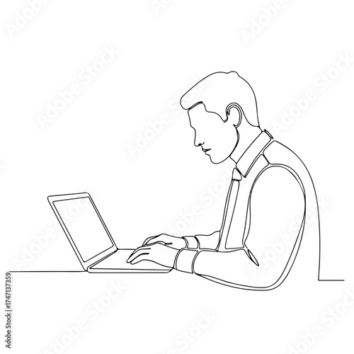 Man working on laptop depicted in continuous line drawing on white backdrop, showing dedicated employee at computer. Continuous line showcases focus,