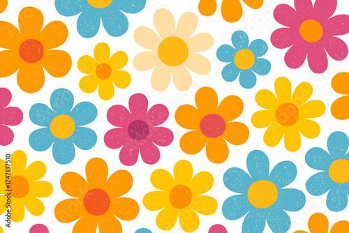 Groovy seamless pattern with colorful hippy flowers. Retro 70s floral background. Abstract daisy vector with vintage nostalgia texture. 90s Y2K aesthetic for textile print.