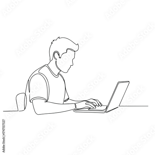 Continuous line drawing of man with laptop, minimal style. Man using laptop, simple, one-line design for business presentations and creative projects. Man working on laptop providing modern look,