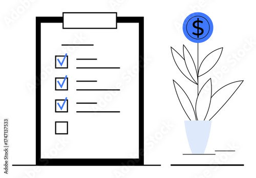 Checklist on clipboard with completed tasks and potted plant growing dollar sign. Ideal for business planning, financial growth, goal setting, productivity, investment strategy, task management