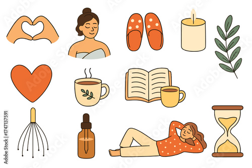 Self care icons set. Me time, slow life concept. Vector sticker collection for mental health, wellness, balance. Woman relaxing, coffee, book, candle. Hand drawn flat vector.