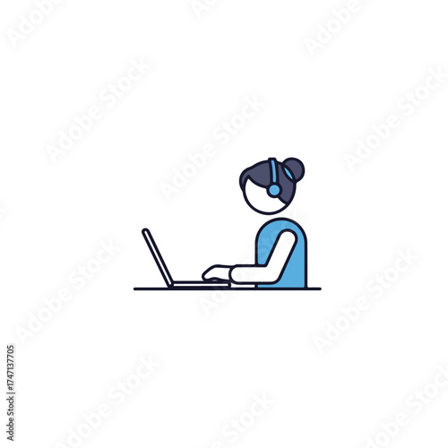 Business worker using laptop, communicating through headset for customer service. Business worker typing on computer, person has headset for better communication, business worker working from home.