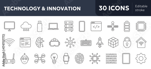 set of 30 minimal line icons featuring modern technology and innovation concepts such as coding, robotics, and digital devices, drawn in clean outline style