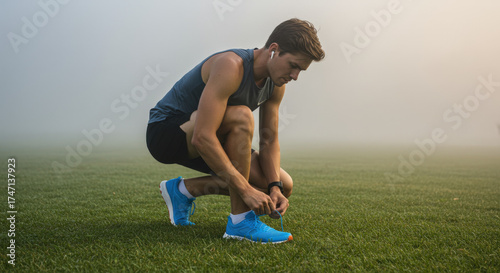 Sporty lifestyle concept showing runner getting ready for exercise in foggy weather.