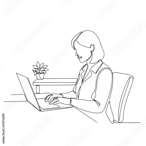 Line art portrays woman working on laptop, surrounded by simple, modern office design. Working on laptop and focused, she embodies streamlined productivity.