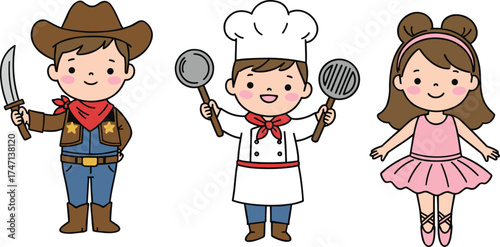 Cute children dressed as cowboy, chef, and ballerina cartoon illustration for kids costume party and creative play