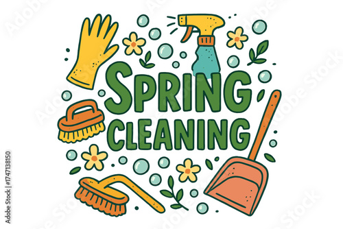 Spring Cleaning textured lettering for card, advertising, flyer, poster or banner. Hand drawn vector illustration concept of household chores with cleaning supplies, flowers and bubbles.