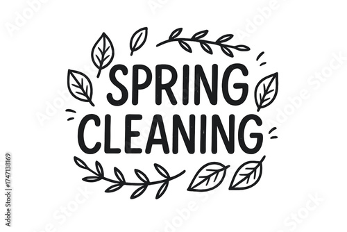 Spring cleaning hand drawn lettering. Vector typography quote with leaves. Modern calligraphy phrase for seasonal design. Cute cartoon illustration isolated on transparent background.