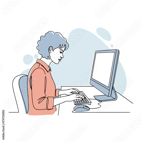 Woman working at computer in minimalist line art, at desk, focused on screen. Office work involves typing and sitting, with natural light enhancing office work.