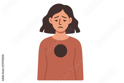 Metaphor for inner emptiness, depression, loss. Sad woman with hole in chest. Psychological trauma, mental disorder, anxiety, loneliness, grief concept. Burnout vector.