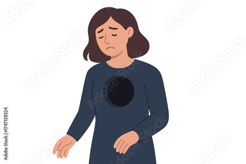 Metaphor for inner emptiness, psychological trauma, depression. Unhappy woman with hole in chest. Concept for loneliness, loss, grief, emotional burnout, mental disorders.