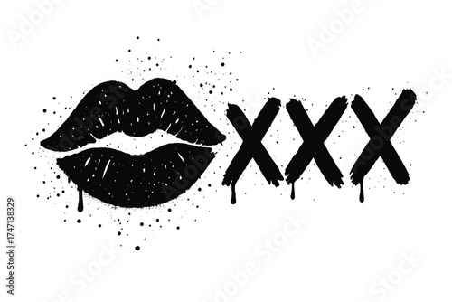 Graffiti XXX and lips kiss symbol sprayed in black. Urban street art vector illustration. Grunge design with paint splashes, drops, and splatters. Erotic adult concept art.