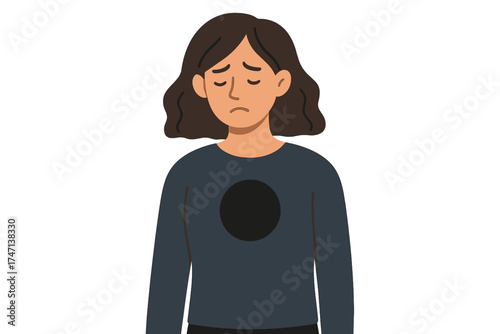 Metaphor for inner emptiness, depression, loss, and grief. Unhappy woman with a hole in her chest. Concept for psychological trauma, mental disorder, burnout, and loneliness.