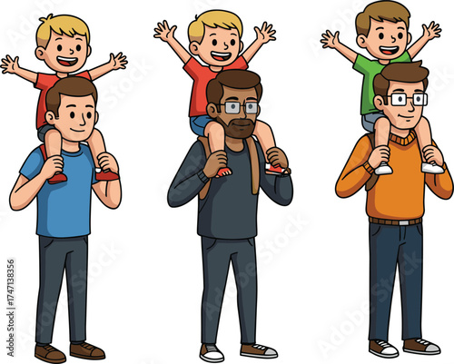 Happy fathers carrying children on shoulders cartoon illustration showing joyful family bonding, love, and parenting moments