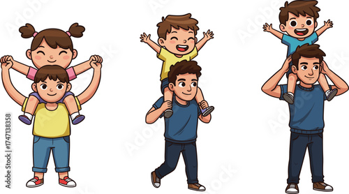 Happy fathers and children playing together on shoulders cartoon illustration showing family love, bonding, and joyful parenting moments