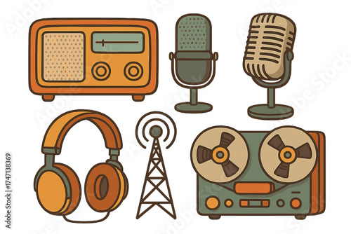 Retro radio broadcast equipment set. Vintage microphone, headphones, tape recorder, and radio tower icons. Flat vector illustration for podcast, music, sound recording concepts.