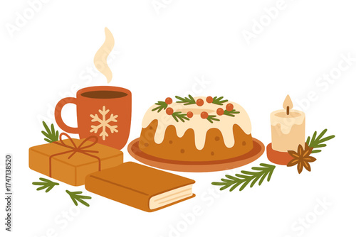 Winter homely concept with Christmas cake for New Year. Xmas celebration flat vector illustration. Cozy hygge scene with hot tea, book, gift, candle and festive decoration.