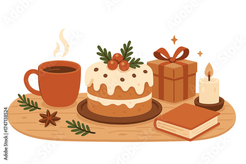 Winter homely concept with homemade Christmas cake, hot tea, and gift. Xmas celebration flat vector illustration. Cozy table with festive dessert, candle, book and holiday decor.