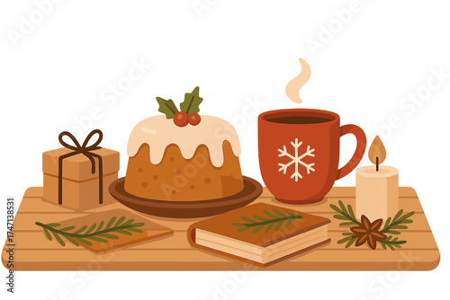 Winter homely concept with Christmas pudding, hot tea, and gift. Xmas celebration flat vector illustration. Cozy holiday table with book, candle, and festive decoration.