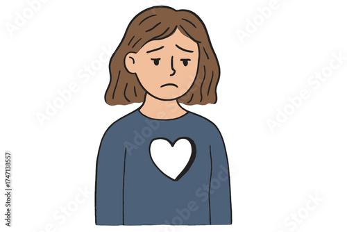 Sad woman with heart shaped hole in chest. Metaphor for depression, grief, loss, heartbreak. Concept of mental health, emotional pain, emptiness, loneliness, anxiety.