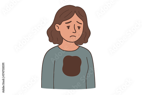 Metaphor for sadness, depression, mourning. Young woman with a hole in her chest. Concept for bad feelings, grief, loss, emptiness. Psychology. Mental health. Vector.