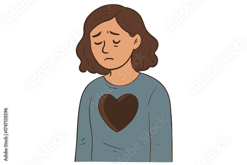 Sad woman with a heart-shaped hole in her chest. Metaphor for depression, grief, loss and emptiness. Mental health concept illustration. Emotional pain, sorrow, despair vector.