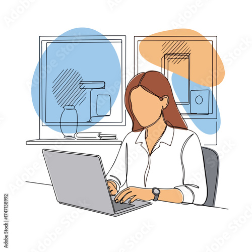 Faceless woman at laptop during work session, faceless woman concentrating in front of her computer. Brown-haired woman wears white shirt while working from home, typing on her laptop,