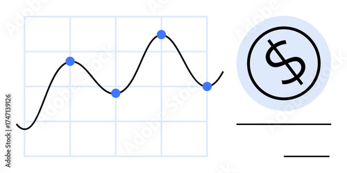 Line graph tracking data points on grid, dollar sign encircled nearby. Ideal for finance, analytics, investment, economy, business trends, market research strategy representation. Simple flat