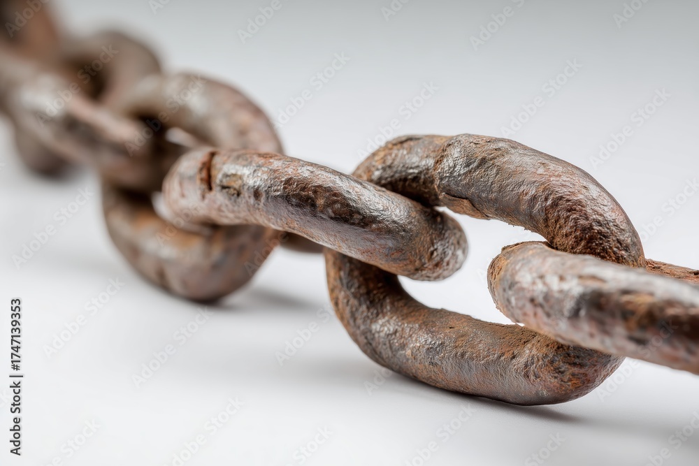 Fototapeta premium Close-up of a rusty metal chain link on a light background