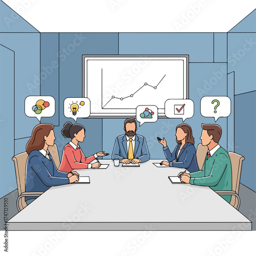 Business meeting with diverse team members in conference room, sharing ideas, and reviewing progress chart is business meeting. Team members are actively involved, contributing insights,