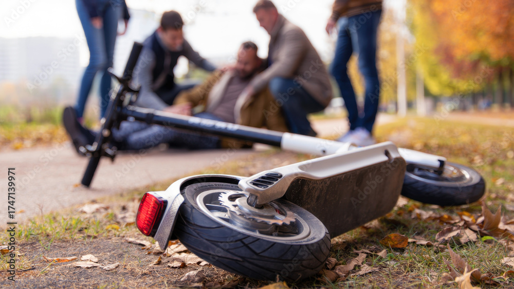 Fototapeta premium Electric scooter accident, road incident expression, safety concern, outdoor fall, urban environment, supportive assistance, autumn leaves, park setting, transport mishap, pedestrian path