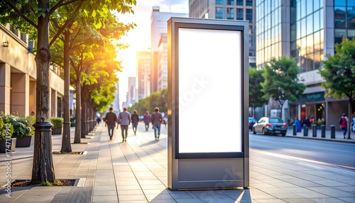 Blank Billboard on City Street with Pedestrians and Sunlight.