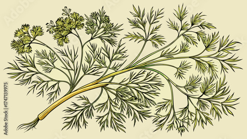 Very beautiful dill branch vintage vector outline created for herbal and foodie graphics, showcasing delicate leaves, elegant linework, and timeless botanical charm in refined illustrative style.