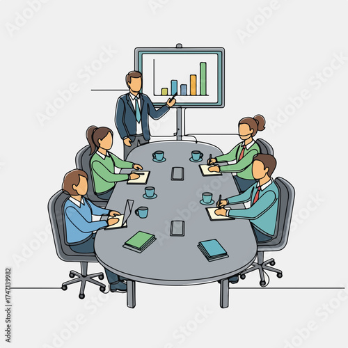 Business meeting with presentation, showing bar chart on screen, participants taking notes around oval table. Business meeting includes speaker explaining growth strategy and team listening carefully,