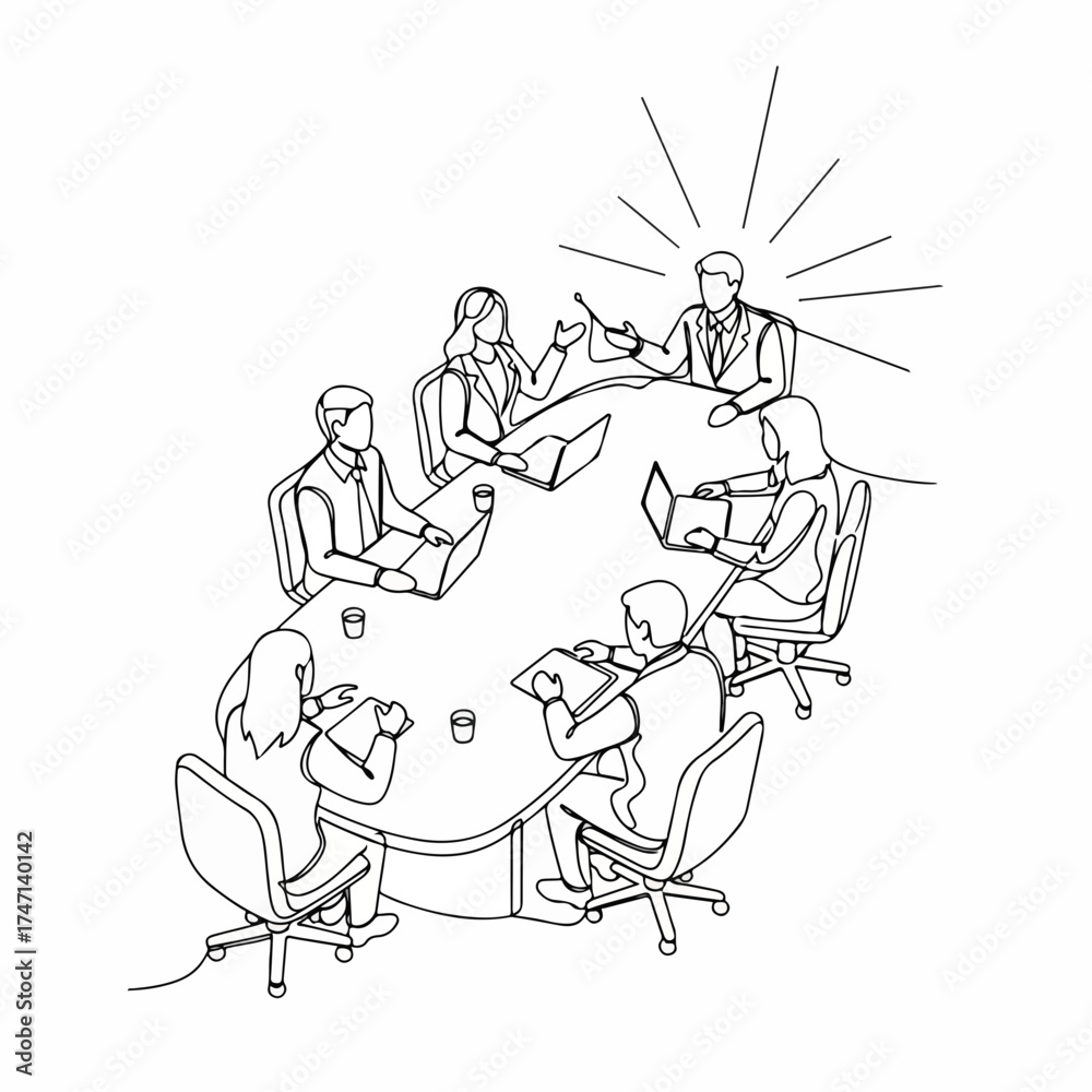 Fototapeta premium Business meeting depicted in outline drawing with people sitting around oval table, laptops, cups. Business meeting outlines concept brainstorming, teamwork, and collaboration.
