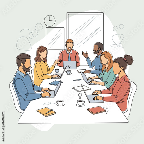 Business meeting with diverse colleagues discussing strategy around table. Group business meeting includes laptops, coffee cups, and modern decor in light colors.