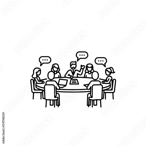Business meeting outline depicting people sitting around table discussing work. Business meeting setting for company employees sharing ideas and thoughts, concept business meeting with line drawing.