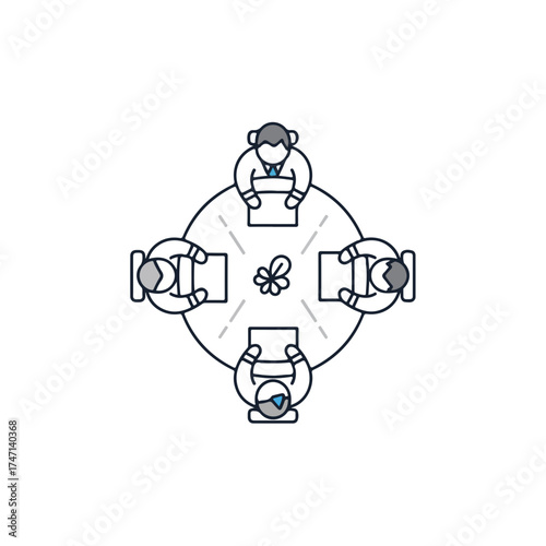 Round table business meeting shows teamwork and collaboration in corporate environment. Business meeting setup includes four people sitting together discussing plans and strategies.