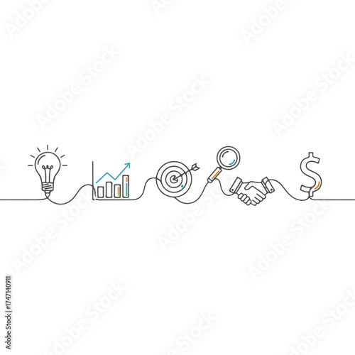 Business line art showing icons, including graph and lightbulb, with black continuous line, symbolizing business concepts. Business line art includes target,