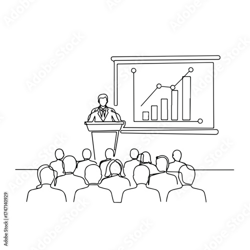 Business presentation illustration showing speaker at podium addressing audience with data charts. Business presentation with executive delivering speech and conveying statistical information.