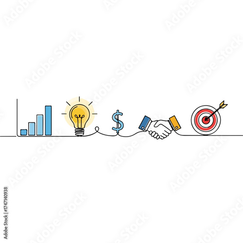 Business strategy diagram with graph, light bulb, dollar sign, handshake, and target symbolizing continuous business connection. Business strategy requires inventive thought, money transactions,