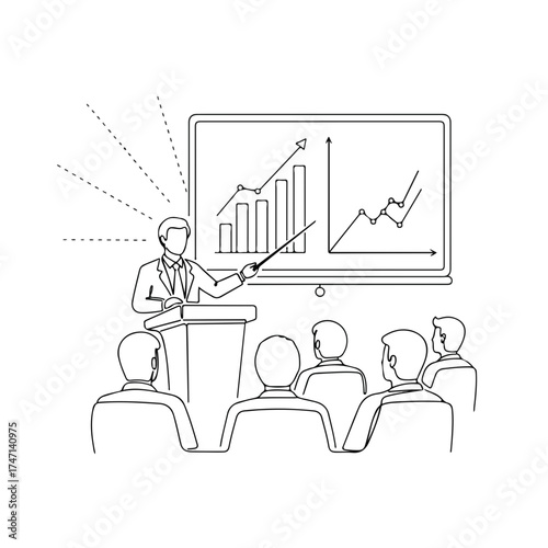 Business presentation with data charts on screen, presenter giving explanations to audience. Business presentation explaining financial results with upward trending graphs and columns.