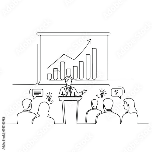 Business presentation with group of people attending conference lecture. Business presentation includes rising graph and presenter explaining data in front of audience.