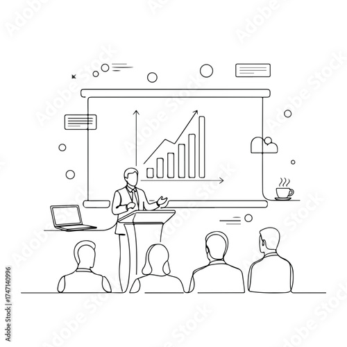 Business presentation scene showing speaker at podium delivering to audience. Business presentation includes screen with diagram, laptop, and coffee cup.