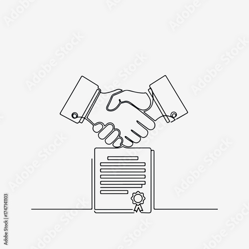 Handshake illustration with legal documents displays a binding agreement on plain backdrop. Handshake, one-line drawing, emphasizes partnership, trust,
