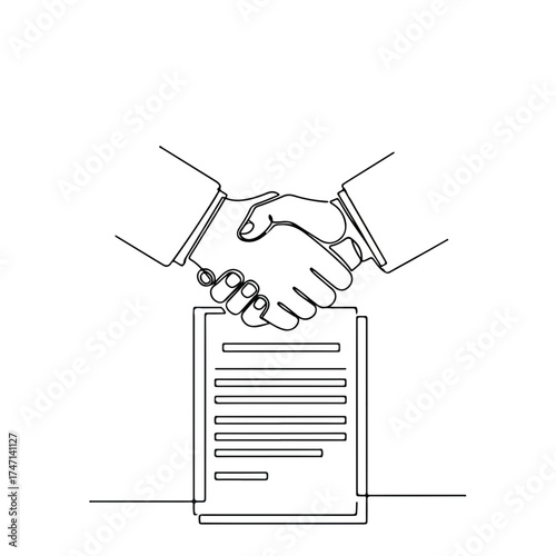 Handshake illustration showing business partners closing deal, one line drawing. Handshake above legal document symbolizes agreement, trust, and cooperation in professional settings.