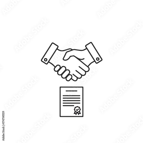 Illustrative handshake above contract symbolizes business partnership, agreement, and deal making. This handshake represents collaboration, integrity, and mutual respect among partners.