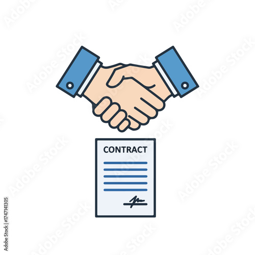 Contract signing illustration showing handshake above official contract, symbolizing agreement, deal, or partnership. Contract documents represent business partnership for both parties involved.